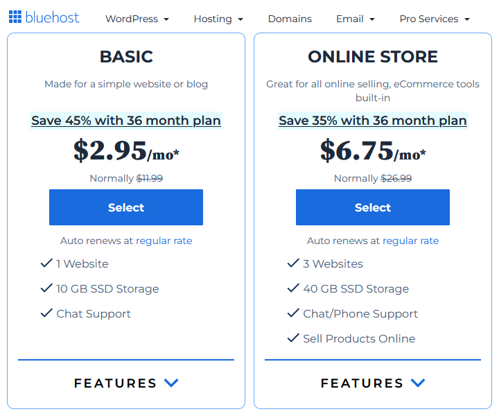Bluehost Deals: This sale offers 75% discount, prices are as low as $2.95 per month.
