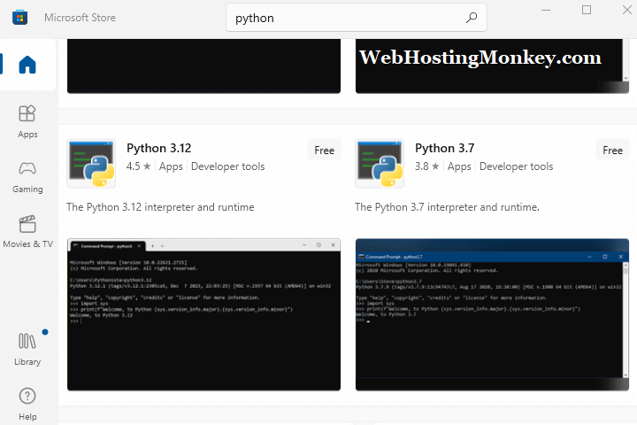 A Screenshot: Python Installation on Windows 10 and 11 through the Microsoft Store