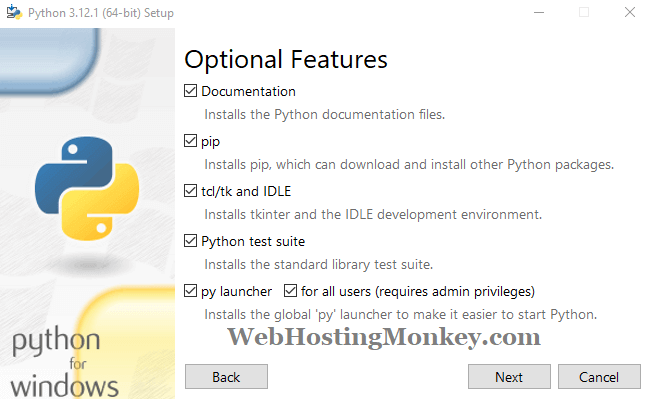 Python for Windows installation optional features