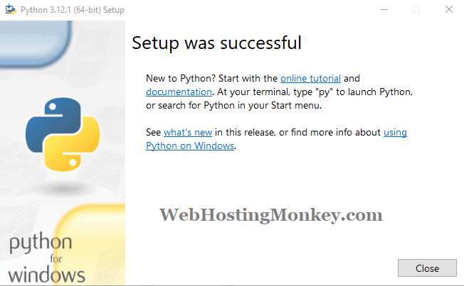 Python for Windows installation successful